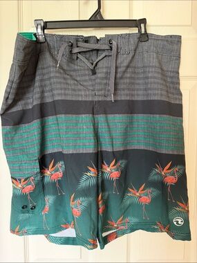 Ocean Current Green & Gray Flamingo Stripe Swim Shorts